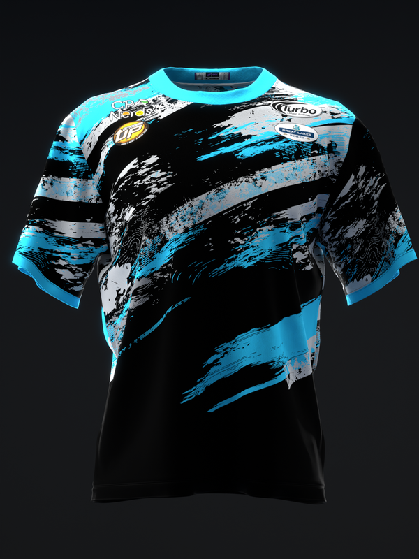 Black bowling jersey with cyan and gray paint-stroke design, front view