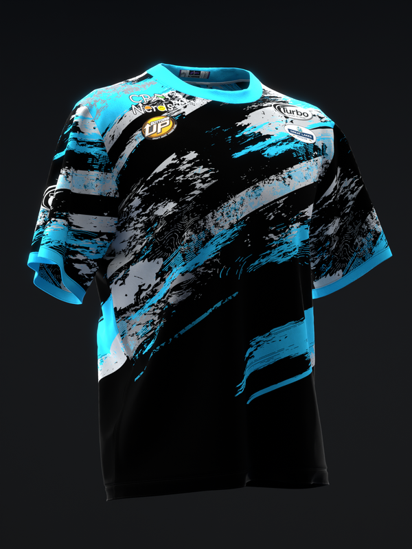 Black bowling jersey with cyan blue and gray abstract paint splatter graphic design