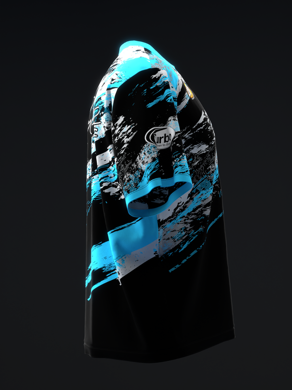 Black bowling jersey with neon blue and gray abstract graphic design, front view