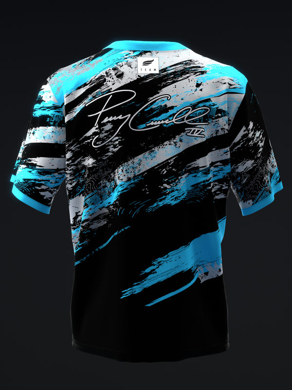 Black bowling jersey with cyan and gray distressed paint stroke graphic design front view