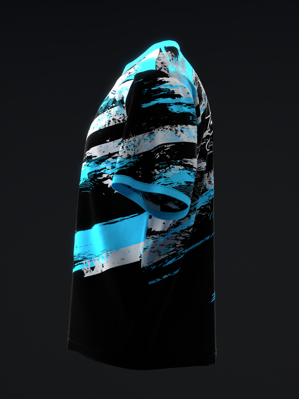 Black bowling jersey with neon blue and gray abstract stripe design, front view