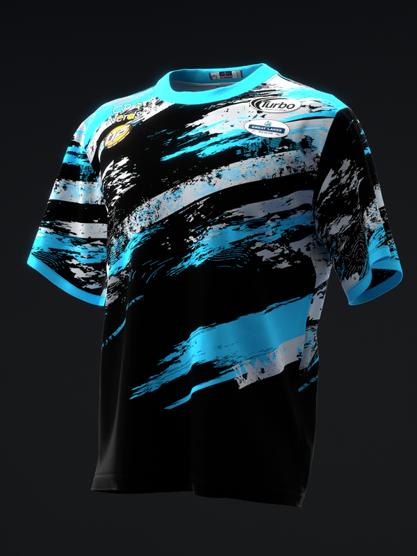 Black bowling jersey with cyan and gray brushstroke design, front view