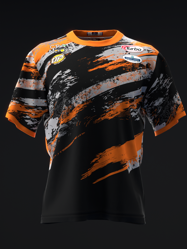 Black bowling jersey with orange and gray grunge brushstroke design, front view