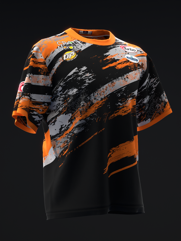 Black bowling jersey with orange and gray splatter design and chest logos