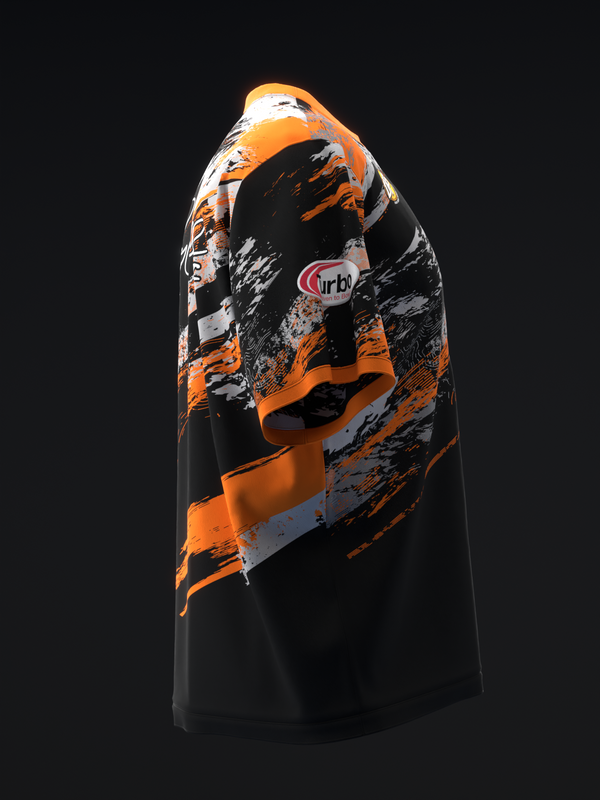 Black bowling jersey with orange and gray abstract grunge graphic design