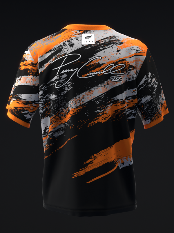 Black bowling jersey with orange and gray distressed brush stroke design and signature graphic