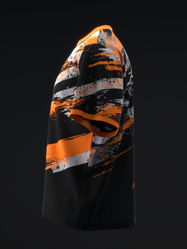 Black bowling jersey with orange and gray diagonal stripe and splatter design