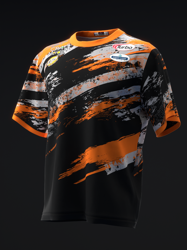 Black bowling jersey with orange and gray diagonal brush stroke pattern and logos