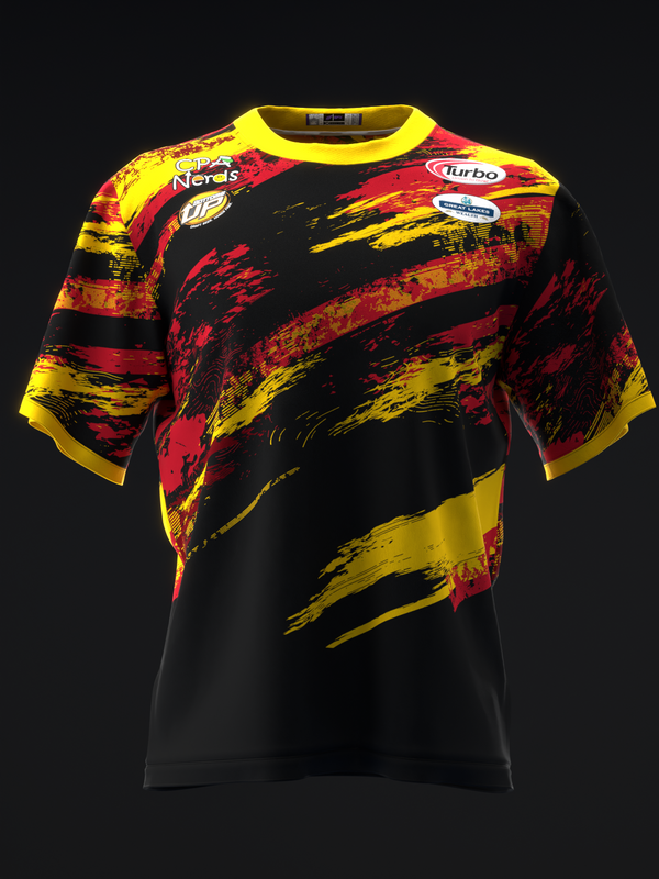 Black bowling jersey with red and yellow brush stroke design and sponsor logos