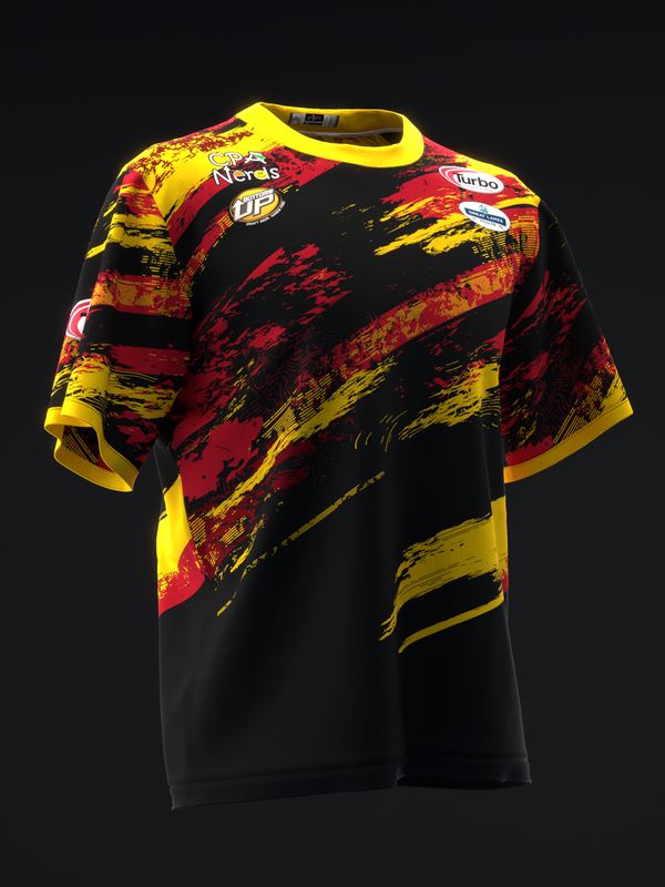 Black bowling jersey with red and yellow paint stroke design and logos