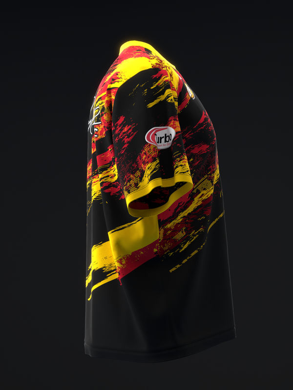 Black bowling jersey with red and yellow abstract graphic design on front