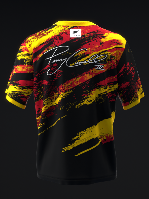 Black bowling jersey with red and yellow brush stroke pattern and signature graphic