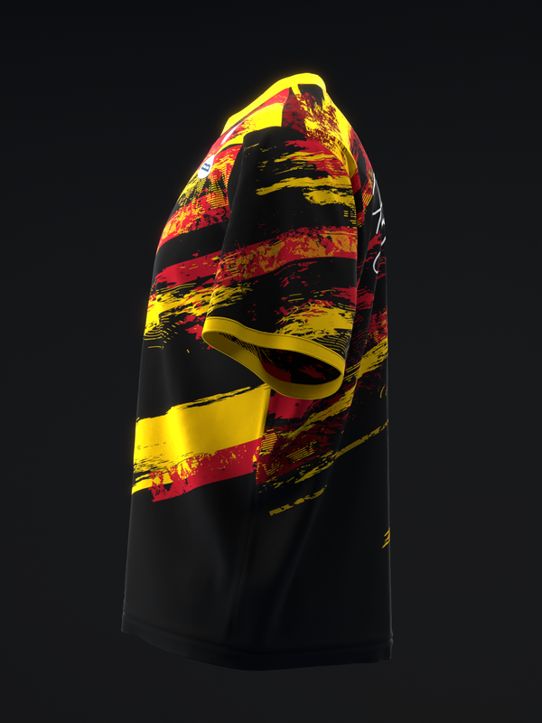 Black bowling jersey with diagonal red and yellow paint stroke design