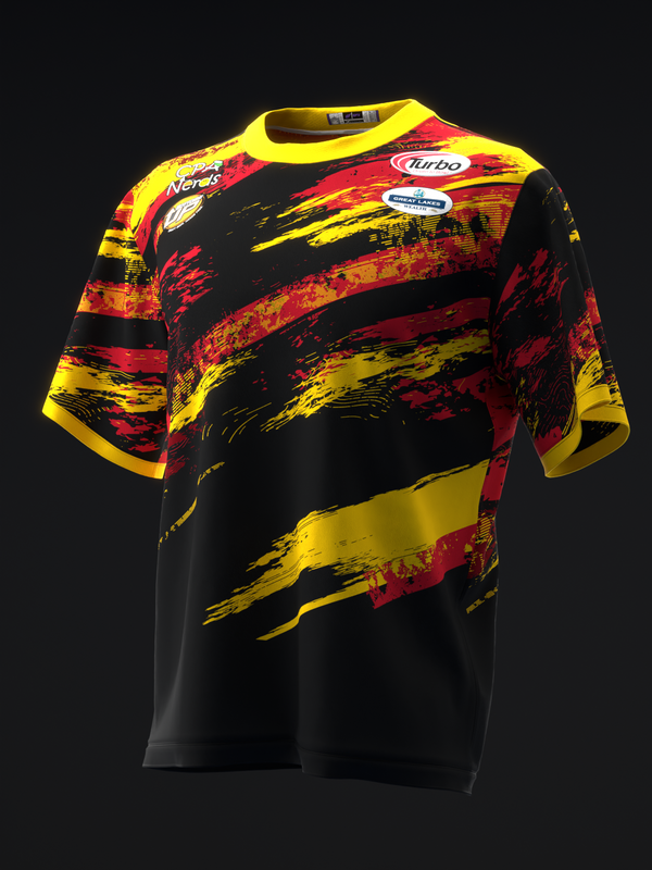 Black bowling jersey with diagonal red and yellow brush stroke pattern and sponsors