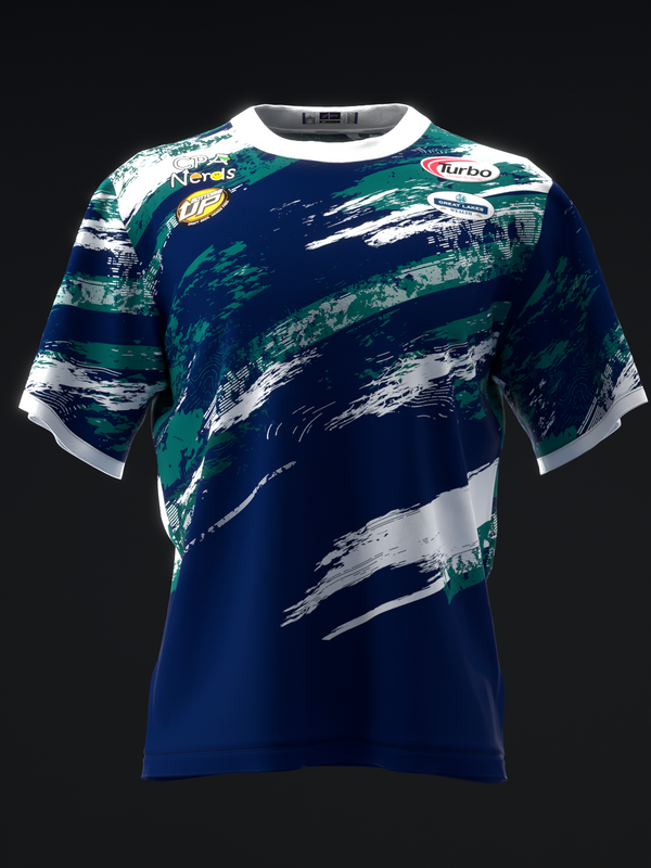 Navy bowling jersey with teal and white brushstroke design, front view