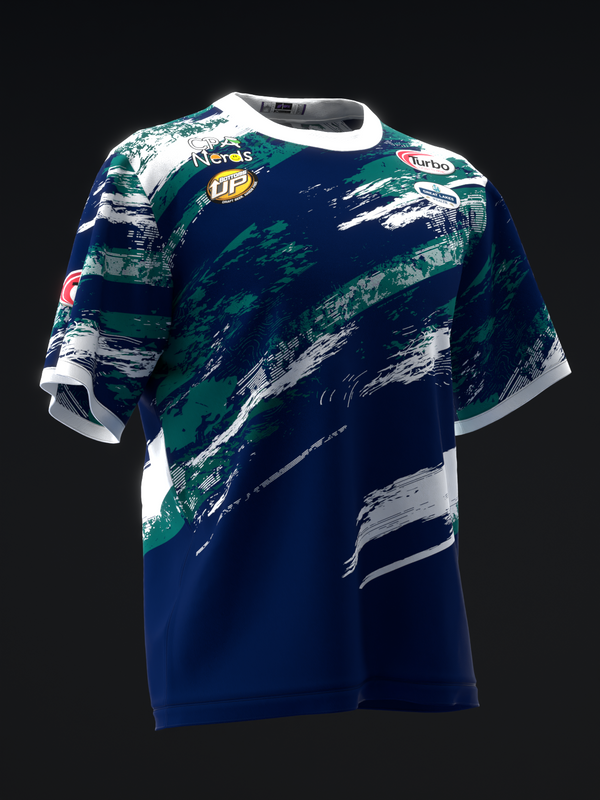 Navy bowling jersey with diagonal teal and white paint stroke design, front view