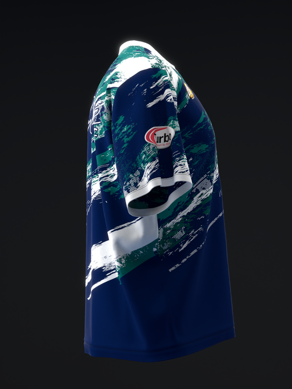 Navy bowling jersey with teal and white abstract graphic design, front view