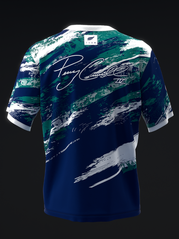 Navy bowling jersey with teal and white brushstroke design, back view