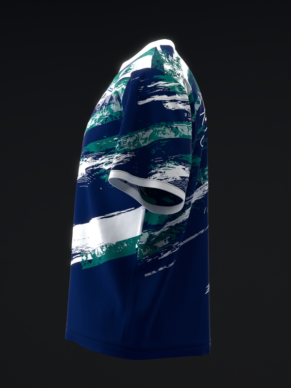 Navy bowling jersey with white and teal diagonal stripe graphic design, front view