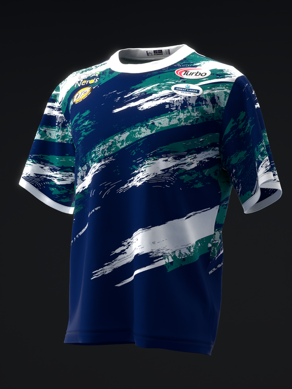 Navy bowling jersey with teal and white brush stroke design, front view