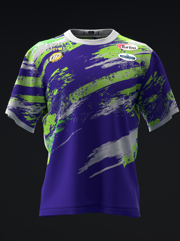 Purple bowling jersey with neon green and gray abstract brush stroke design, front view