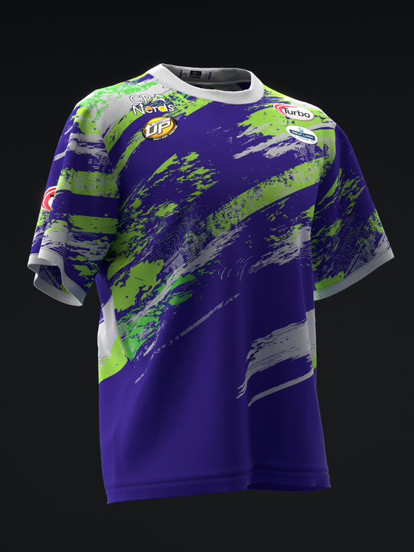 Purple bowling jersey with lime green and gray abstract paint splatter design, front view