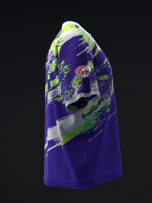 Purple bowling jersey with neon green and white splatter pattern design, side view