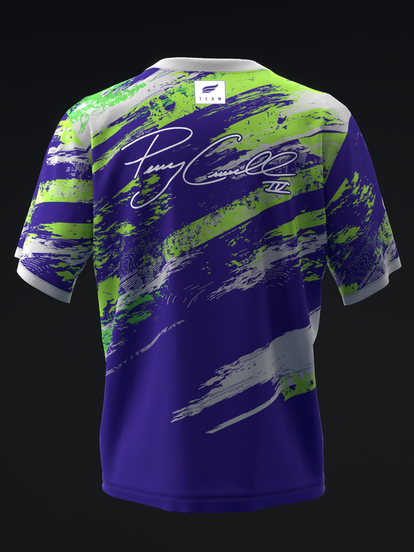 Purple bowling jersey with lime green and gray paint splatter design, front view