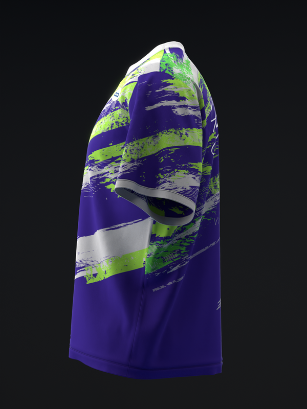 Purple bowling jersey with lime green and gray splatter design and white stripe detail