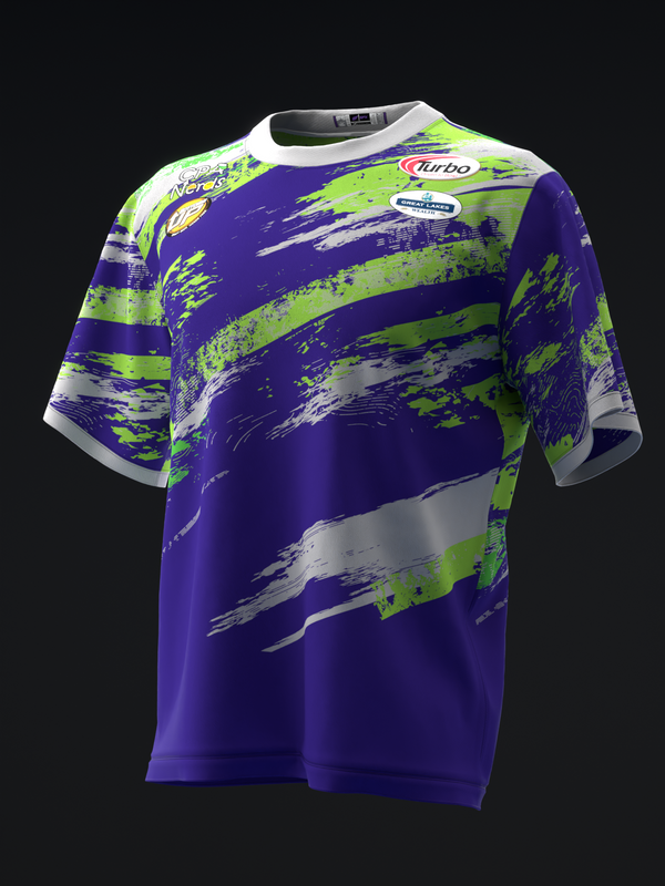 Purple bowling jersey with neon green and gray brush stroke design on front