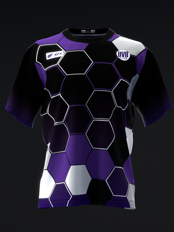 Black bowling jersey with purple and white honeycomb geometric pattern, front view