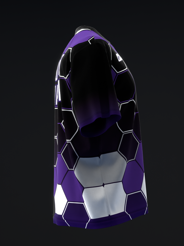 Purple and black bowling jersey with white honeycomb pattern, front view