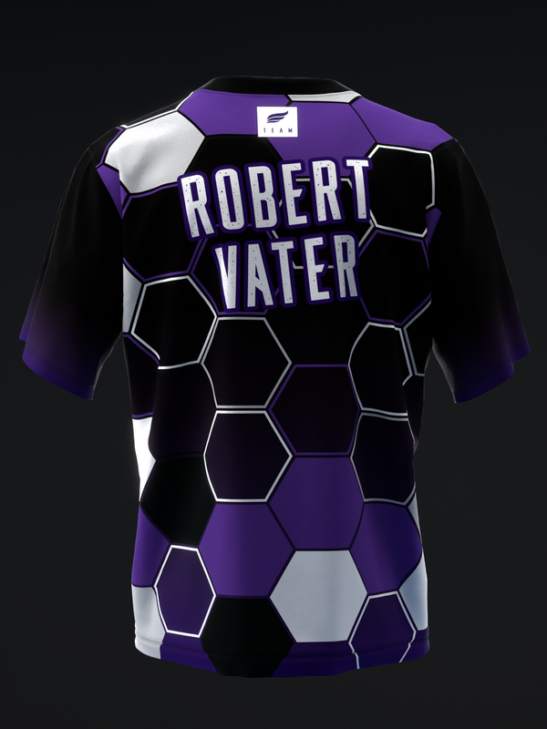 Black purple and white bowling jersey with honeycomb hexagon pattern front view