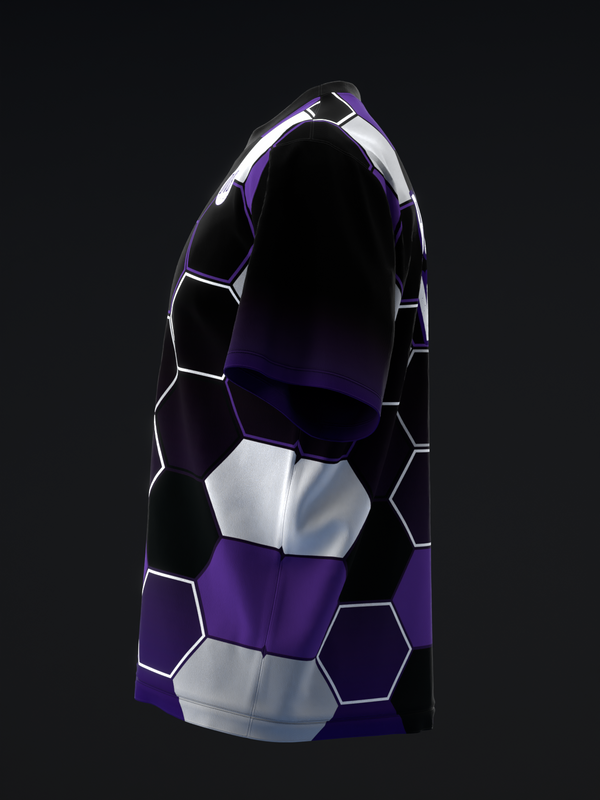 Black and purple bowling jersey with white hexagon panel design, front view