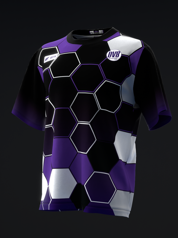 Black bowling jersey with purple and white honeycomb hexagon pattern throughout