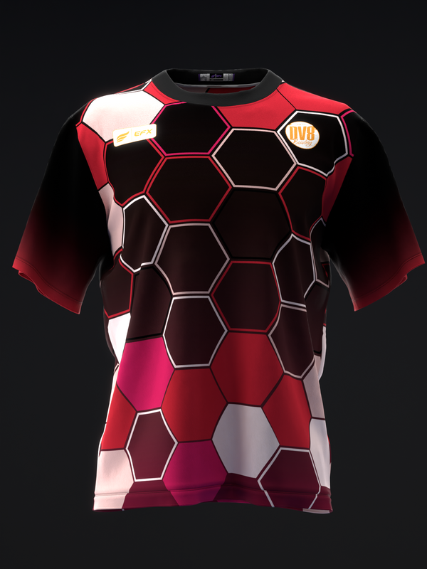Red and black bowling jersey with geometric honeycomb pattern, front view