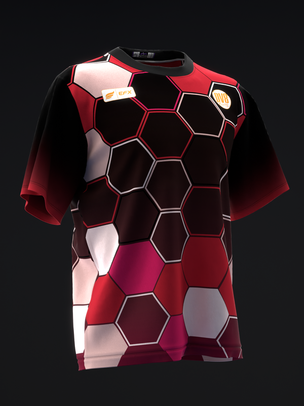 Black and red bowling jersey with honeycomb geometric pattern, front view