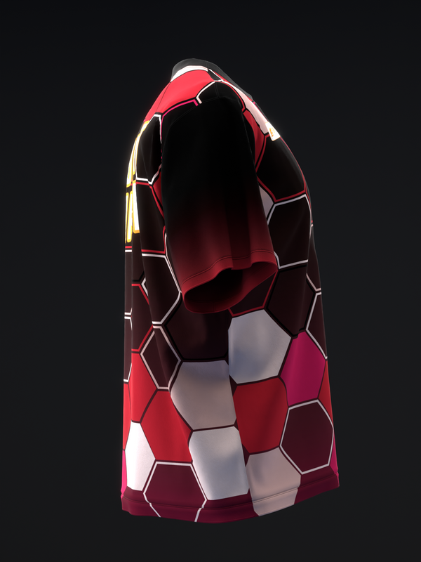 Red bowling jersey with white and burgundy honeycomb hexagon pattern, front view