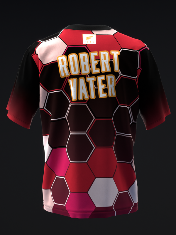Red and black bowling jersey with honeycomb pattern and Robert Vater text