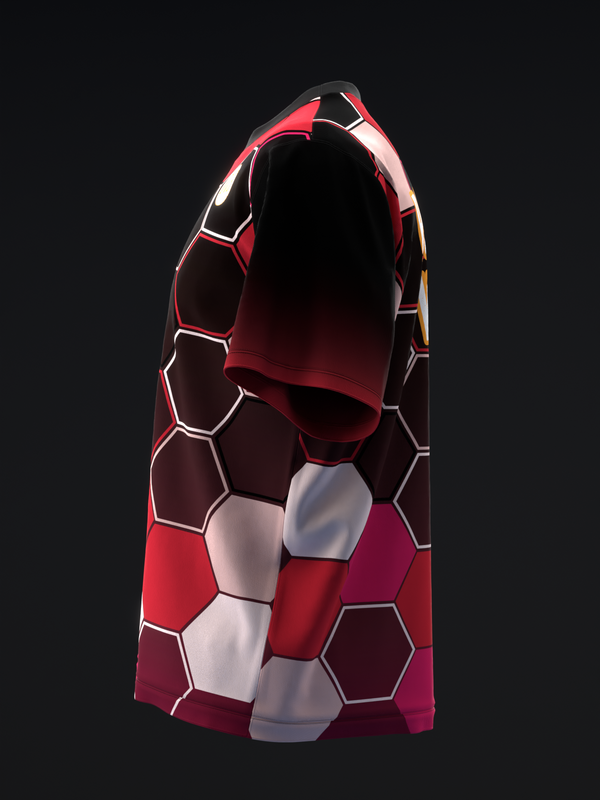 Red and burgundy bowling jersey with white outlined honeycomb pattern design