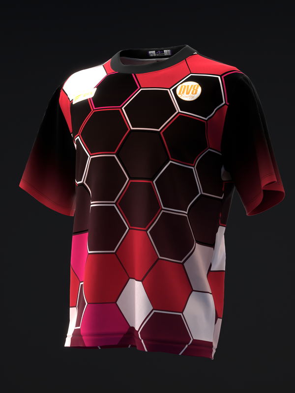 Front view bowling jersey with red, black, and white honeycomb pattern design