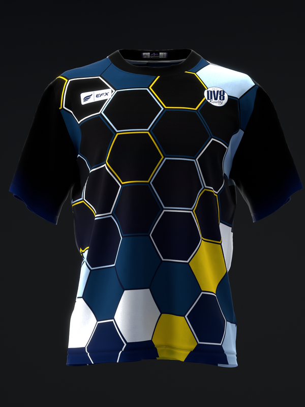 Navy bowling jersey with yellow and white honeycomb geometric pattern, front view