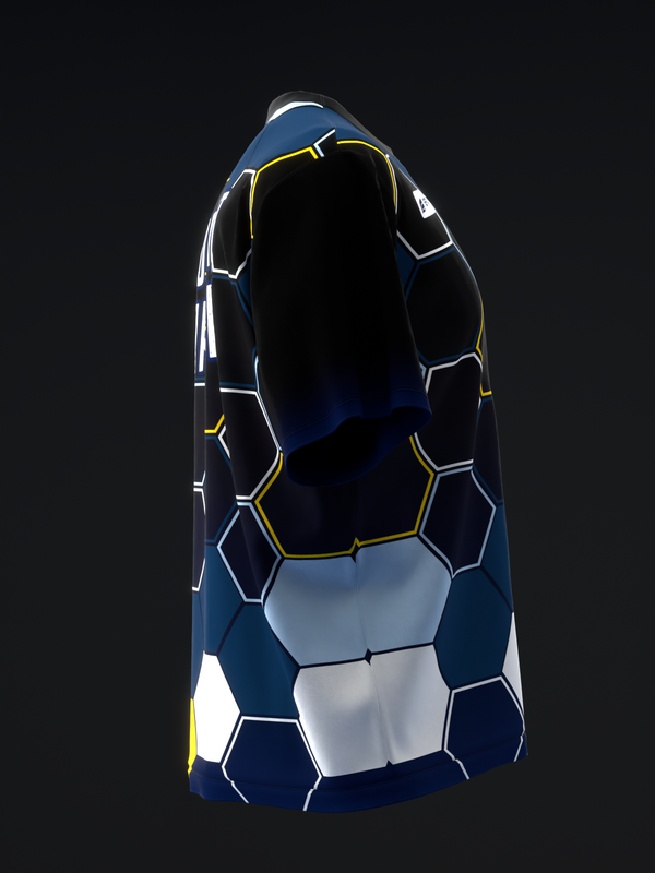 Navy bowling jersey with white and yellow honeycomb hexagon pattern, back view