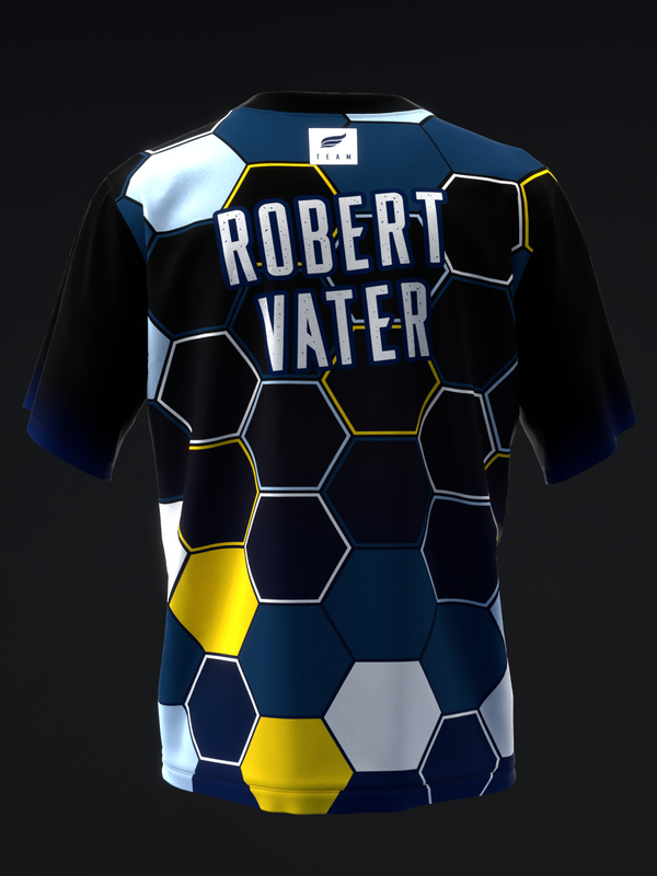Navy bowling jersey with honeycomb hexagon pattern in yellow and white
