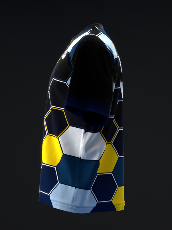 Navy and yellow bowling jersey with honeycomb pattern design, front view