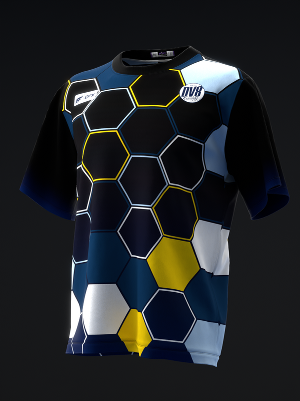 Navy bowling jersey with yellow and white honeycomb geometric pattern design, front view