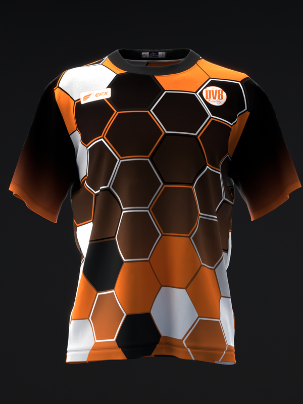 Black bowling jersey with orange and white honeycomb pattern design, front view
