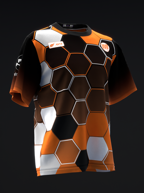 Black bowling jersey with orange and white honeycomb pattern, front view
