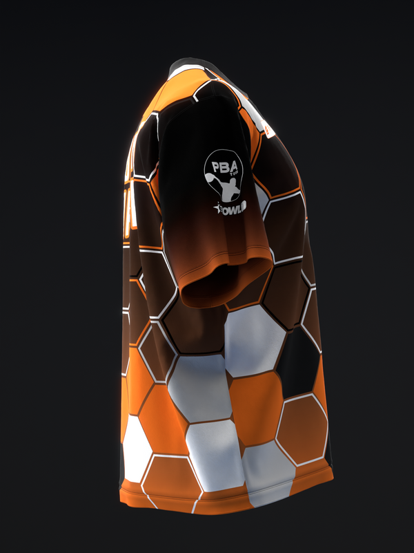 Orange and black bowling jersey with white honeycomb pattern and PBA graphic
