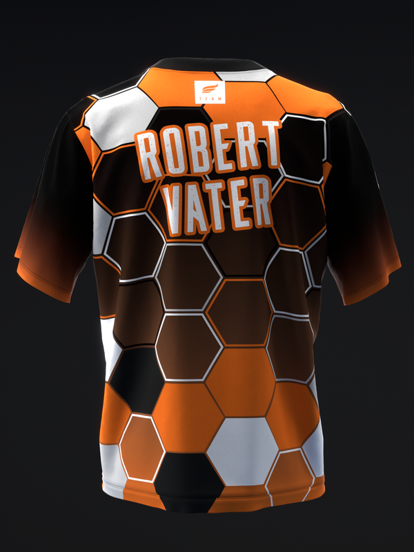 Orange and black bowling jersey with honeycomb pattern and text